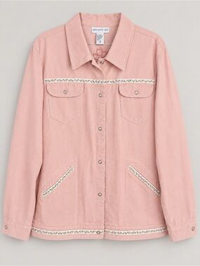 Susan Graver Blush Pink Embroidered Snap-Front Jean Jacket